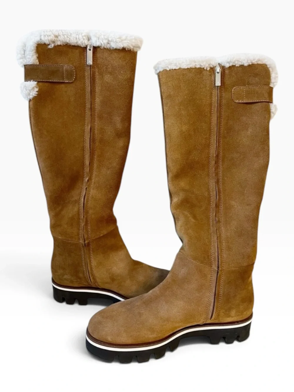 Aquatalia MYA Suede Waterproof Lug Sole Shearling Tall Boots Walnut Brown Size 7